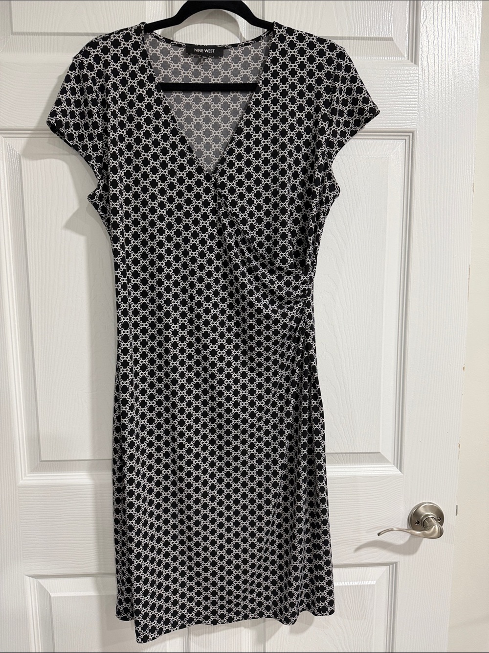 Nine West Black and White Printed Faux-Wrap Dress